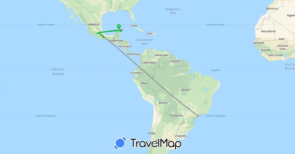 TravelMap itinerary: bus, plane in Brazil, Mexico (North America, South America)